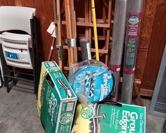 Garden Tools, Ground Edging, 3 Rolls of Weed Control Fabric, and Trellis
Trellis measures approximately 7.5' tall