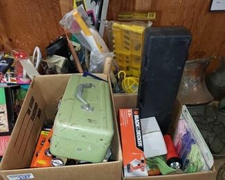 Tools, House Supplies, and More!
4 13" Boxes Of Tools, House Supplies. A Professional Laser Level, Black&Decker Drill, Michelin Emergency Roadside Kit