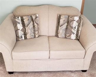 Tan Corduroy LazBoy Loveseat ~ 67 in. x 39 in. x 37 in. w/ 2 Throw Pillows