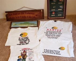 Lot of Fishing Wall Decor and 4 Humorous Fishing T-Shirts