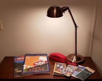Lot of Desk Top Lamp, Red AT&T Phone, 2 Atlases, and 4 Maps