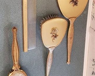Beautiful Vintage Vanity Brush And Hand Mirror Set with additional Brush and Comb
