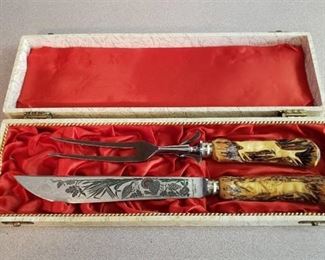 Vintage Solingen Germany Stag Carved Handles Meat Carving Set