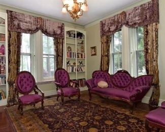 Victorian living room set on 8x10 wool rug.  Matching set with carved walnut. 