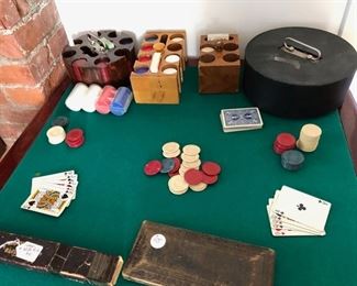 Vintage and plastic poker chips, slide rule and drafting tools.