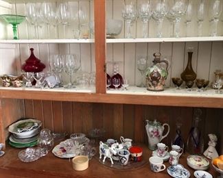 Fine crystal and everyday stemware, Chocolate set, decanters, antique and vintage platters and serving vessels.
