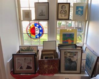 Many framed prints and some original artworks. 