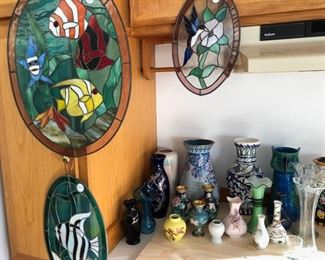 Hanging stained pieces, assorted vases. 