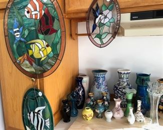 Hanging stained pieces, assorted vases.