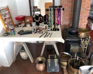 Mens and womens jewelry and watches, Kent wood stove, fireplace/woodstove supplies, antique spittoon and coal/ash bin.