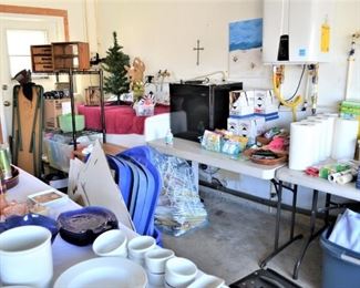 MORE GARAGE ITEMS, STORAGE BINS, SMALL REFRIGERATOR, HOME CHEMICALS