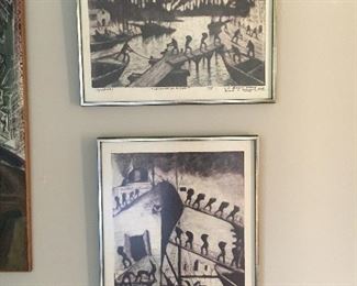 Pair of pieces by Benito Quinquela Martin.  One is title   "Chimeneas en la Boca" 1969 and the other is titled "Descarga" also 1969