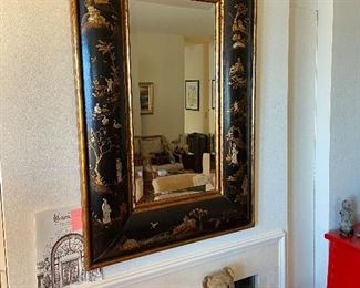 Rectangular black gilt and silver framed mirror with painted and low relief chinoiserie design pavilions, trees etc. 47.5"h x 31.5"w. Purchased at Maison Felice in Palm Desert. Originally $5200. Asking $2700
