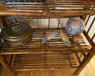 Brass Chapati bread storage or warmer asking $90, pottery fish and globe balls