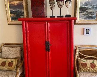 Larger red lacquer Kang style cabinet. 31.25"w x 16"d x 53.5" h. Asking $480
