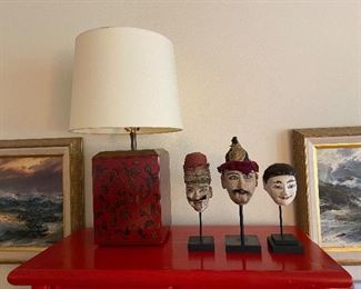 Asian lamp square lacquer based lamp asking $160. Trio of antique puppet heads on stands originally $690 from Jane Piper Reid asking $360