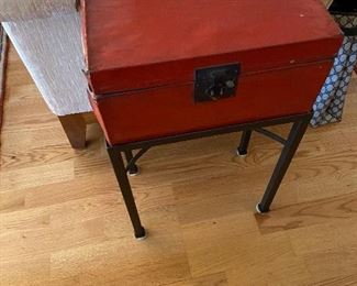 leather wrapped antique box on an iron stand from Northern China originally $225 asking $100 measures 14" x 8' x7"
