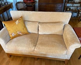 Terrific sofa for a small space- check the follow photo of the lines on the back. Fabulous Koi silk pillow sold separately. Loveseat is Ted Boerner and measures 34"h x 28"d x 57"l asking $280