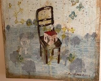 Original oil by Anne Siems, 2004 titled "small house on chair" asking $275 measures 11.5" sq.