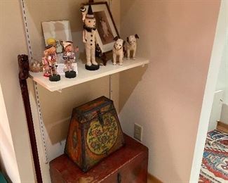 Painted antique box with Foo Dog design on the front plus a triangular lidded box, also antique for sale