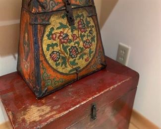 close ups of the boxes asking $160 for the floral box and asking $260 for the larger antique box with the Foo Dog on the front