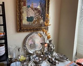 silver-plate and sterling for sale. Art Messer original on the wall