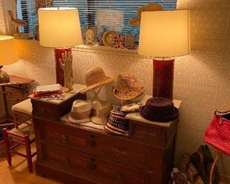 vintge marble top vanity chest and a pair of lovely columnar asian. influenced lamps