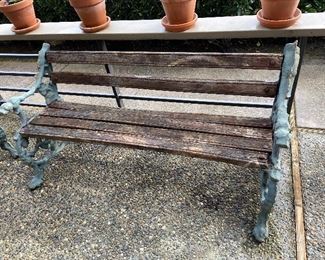 K G COllection painted cast iron and wood bench is approximately 57" w. two armchairs sold with it in the next photo. Asking $260 for the set.