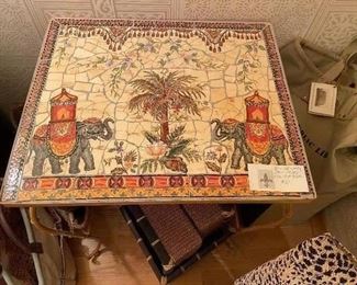 Bamboo-style framed tile top table asking $90