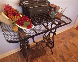 OLD SEWING MACHINE BASE TABLE, OLD UNDERWOOD TYPEWRITER