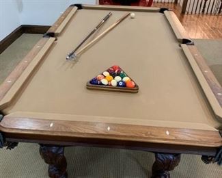Olhausen Beautiful Pool Table Hand-tooled Leather Pockets and Pool clues and Vintage Pool balls