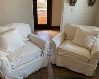 White Linen Down Filled Chairs  Pristine Condition Pottery Barn