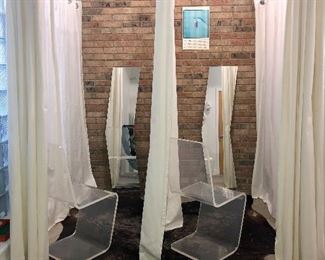 MCM pair of lucite chairs, ikea mirrors and curtains
