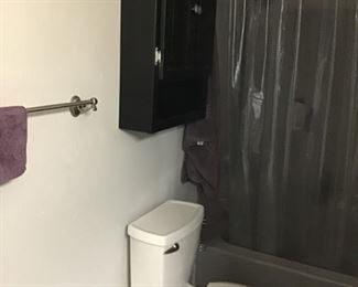 Toilet, wall cabinet, towel rack