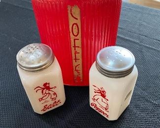 Antique glass coffee container with metal lid; antique milk glass Salt and Pepper shakers with metal lids.