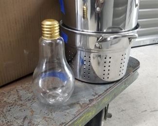 Vintage light bulb glass container $4.00, pot $5, pot strainer $4