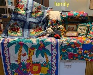 An entire handmade nursery set. Bumper pad, curtains, skirt, blankets, needlepoint animal pictures lamp. And more all Noah’s Ark theme