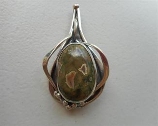 Vintage Sterling Silver & Rainforest Jasper cabachon handcrafted 2 1/4" pin/brooch, TJM, https://ctbids.com/#!/description/share/342026