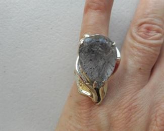 Vintage Sterling Silver & Rutilated Quartz handcrafted 1" teardrop ring, TJM, https://ctbids.com/#!/description/share/342031