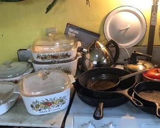 Cast iron skillets, Corning Ware casseroles, other cookware