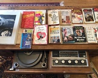 Pulp novels & other fun paperbacks - on Arvin marble top coffee table/hi-fi combo