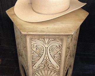 Hexagonal Art Nouveau tabouret/stand (oak under paint), Stetson straw cowboy hat