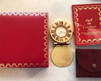 Cartier travel alarm clock with original presentation box, suede pouch & paperwork (circa 1990)