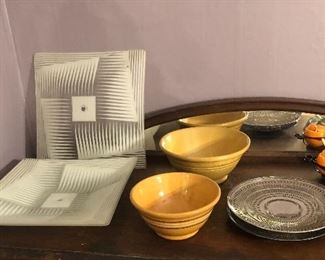 Awesome glass light shades by John Virden (3 alike), yellow ware bowls, silver plate trays