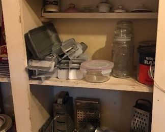 Small crocks, vintage meat grinders & utensils