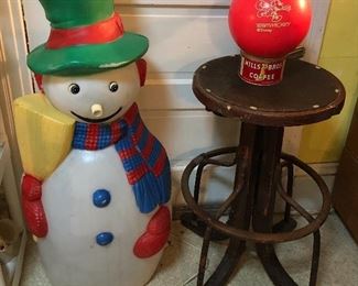 41” blow mold snowman, antique bentwood office stool (has repair), “Team Mickey” Disney bowling ball