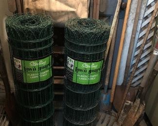 2 rolls of vintage plastic coated lawn fence, assorted yard tools