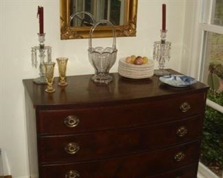 Gold mirror, 4 drawer Mahogany chest , glass h\Heisey  basket