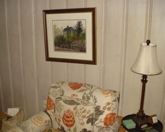 Charcoal landscape, upolstered chair