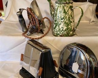 vintage toasters, iron and enamelware